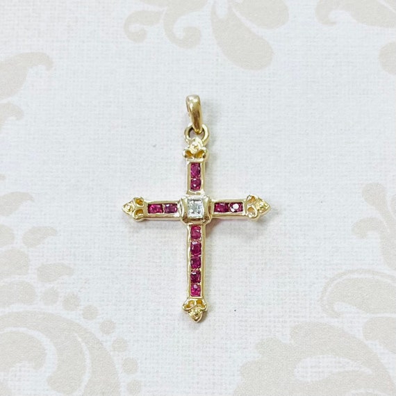 14K Gold Estate Ruby and Diamond Cross Pendant