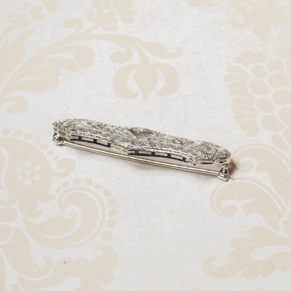 10k Diamond Filigree Vintage Bar Pin Brooch Estate - image 2