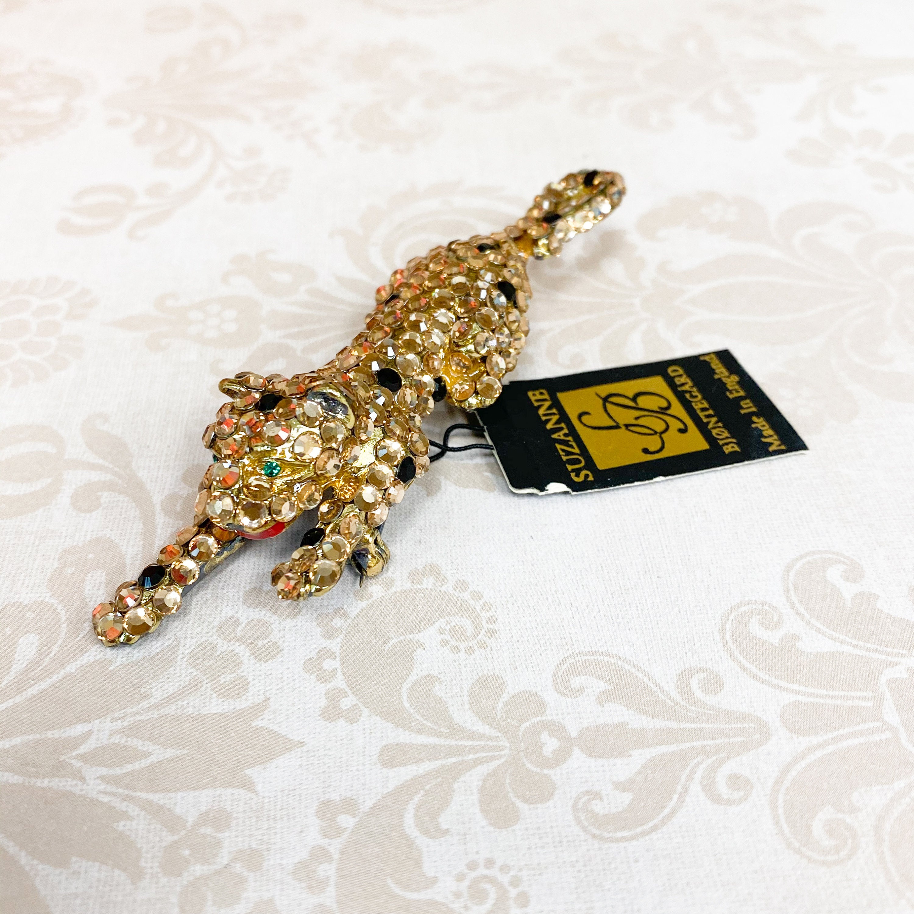 Crystal Jaguar Leopard Brooch Pin Vintage Estate Designer Suzanne