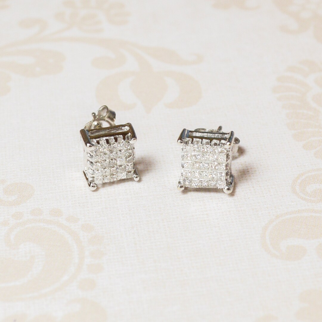Dazzlingrock Collection Aretes De Botón De Diamante Blanco Redondo De 0.10 Quilates (ctw) Con Forma Cuadrada Para Mujer, 1/10 Qt, Disponibles En Metal Oro De 10K/14K/18K Y Plata Esterlina 925