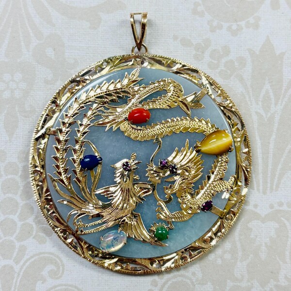 14K Gold Jade & Stones Pendant