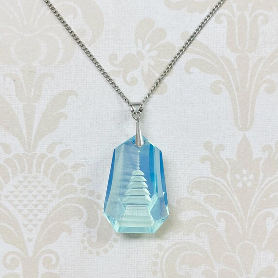 Vintage Blue Glass Reverse Carved Necklace #636