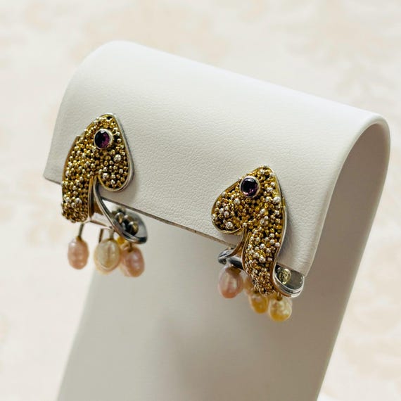 Sterling Silver Pearl and Purple Stone Earrings