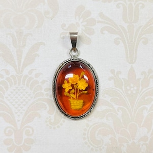 Sterling Amber Flower Pendant