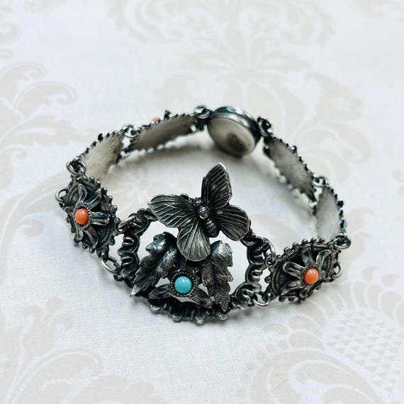 Silver Plated Estate Vintage Turquoise and Coral Butterfly  display picture 2