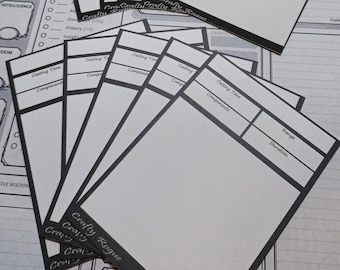 May include: A set of blank spell cards for Dungeons & Dragons. The cards are black with white borders and have spaces for the spell name, casting time, components, range, and duration.