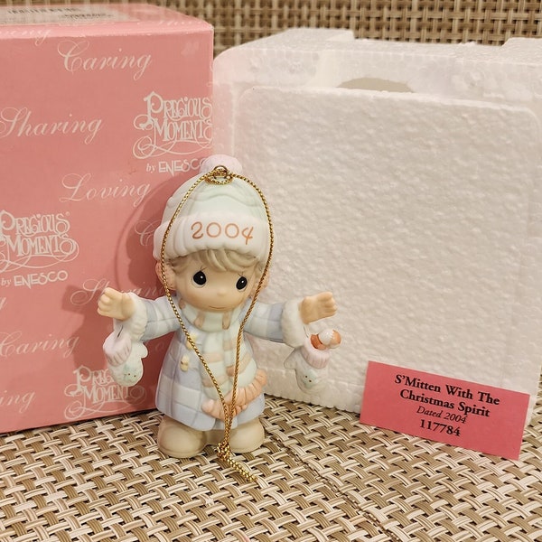 Vintage Precious Moment Porcelain Ornament "S'Mitten With The Christmas Spirit" with box (IOB) (Retired Ornament)