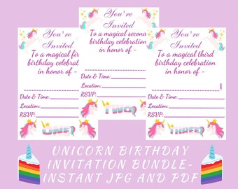 Unicorn Birthday Invitation Bundle