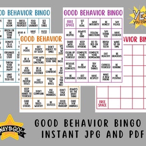 Puede incluir: Cuatro tarjetas de bingo imprimibles con el título "Good Behavior Bingo" y una quinta tarjeta de bingo en blanco con el título "Behavior Bingo". Las tarjetas de bingo están llenas de comportamientos positivos como "Ser cortés", "Usar una postura adecuada", "Mantener las manos para sí mismo", "Ser un buen oyente", "Seguir las reglas", "No quejarse", "Usar modales en la mesa", "Ser digno de confianza", "Ser desinteresado", "Buen espíritu deportivo", "Cuidar a los animales", "Establecer una meta", "Tener integridad", "Ser honesto", "Por favor", "Ser siempre amable", "Seguir las instrucciones", "Dar las gracias", "Tener coraje", "Mantener una buena higiene", "Acostarse a tiempo", "Cepillarse los dientes", "Despertarse a tiempo", "Completar las tareas", "Completar la tarea", "Comer sano", "Ser amable", "Resolver todos los conflictos", "Ser paciente", "Probar cosas nuevas", "Expresarse", "Ser genuino", "Hacer ejercicio", "Tener respeto", "Hacer un nuevo amigo", "Ser positivo", "Desinfectar su área", "Ordenar su habitación", "Vestirse correctamente", "Doblar su ropa", "Poner la mesa", "Ser servicial", "Compartir con los demás", "Limpiar después de sí mismo", "Mantenerse alejado de los problemas", "Organizar sus cosas", "Decir disculpe", "Tirar su basura", "Comer toda su comida", "Limitar su uso de la tecnología", "Ofrecerse como voluntario", "Lidiar con sus emociones", "Ser un líder", "Usar una buena postura", "Ser un buen oyente", "Ser seguro", "Seguir las reglas", "No hablar mal", "Hacer siempre lo correcto", "Cuidar a los demás", "Ser digno de confianza", "Ser desinteresado", "Buen espíritu deportivo", "Cuidar a los animales".