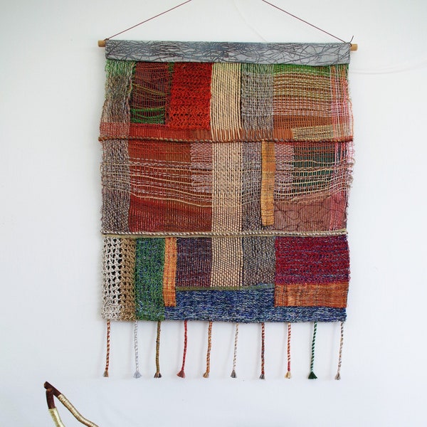 Fields from Above - woven wall hanging, original artwork, patchwork