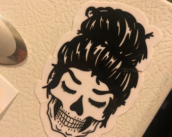 Tired mom skull messy hair sticker