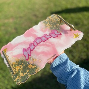 White/Pink/Gold Rolling/Serving/Vanity/Decorative Custom Tray with Gold Handles