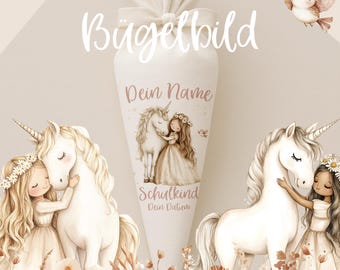 Iron-on transfer for school cones, Boho Princess with Unicorn - Date and Name - Boho Style - Personalized for school cones and sibling cones