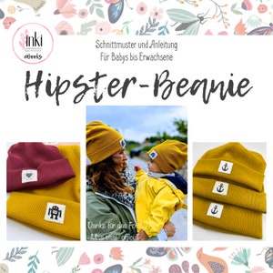 Könnte beinhalten: Ein digitales Download-Muster für eine Mütze. Das Muster ist für eine Mütze im Hipster-Stil und ist für Babys und Erwachsene erhältlich. Das Bild zeigt drei verschiedene Mützen in Senfgelb mit verschiedenen gestickten Designs. Der Text im Bild lautet "Hipster-Beanie" und "Schnittmuster und Anleitung Für Babys bis Erwachsene".