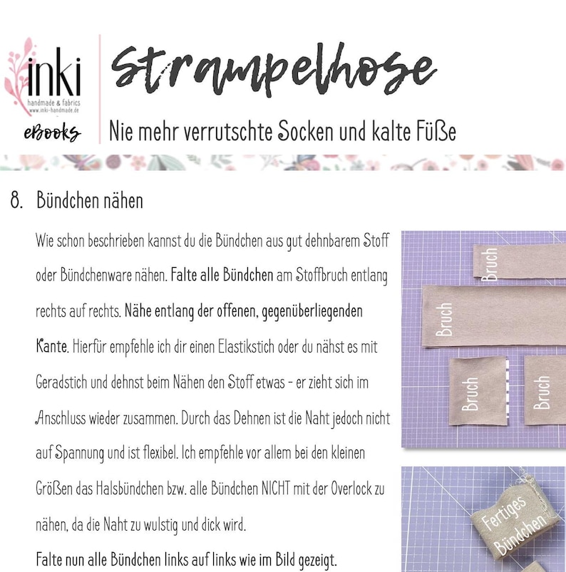 May include: A page from a sewing guide for making baby clothes. The text explains how to sew a cuff for a pair of baby leggings. The text reads "B&uuml;ndchen n&auml;hen" which translates to "Sewing cuffs". The image shows a beige fabric cuff folded in half and labeled "Bruch" which means "Fold".