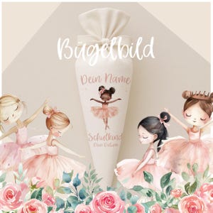 Op de afbeelding: Een witte kegelvormige cadeauzak met een strik, met een ballerina-illustratie en de tekst "Dein Name" en "Schulkind". Het ontwerp bevat illustraties van ballerina's in roze tutu's en rozen.