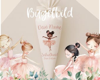Iron-on transfer for school cones - Ballerina design - Date and name - Boho style - Personalized for school cones and sibling cones