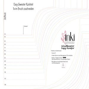 May include: A sewing pattern for an Easy Sweater back piece. The pattern is printed on white paper with black lines and includes instructions in German. The pattern is for a size 1x and includes a seam allowance of 0.7 inches.