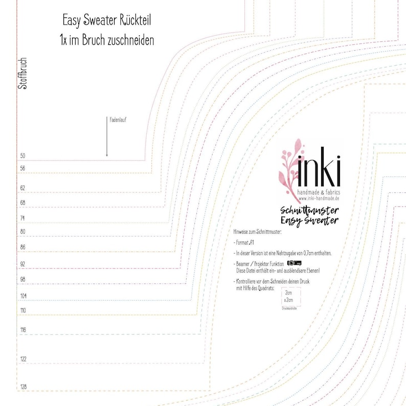 May include: A sewing pattern for an Easy Sweater back piece. The pattern is printed on white paper with black lines and includes instructions in German. The pattern is for a size 1x and includes a seam allowance of 0.7 inches.