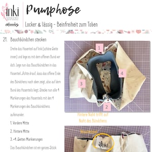 May include: A sewing tutorial page titled Pumphose featuring instructions for attaching a waistband. The image shows fabric pieces pinned together with numbered markers 1 through 4, and a close-up of a white fabric label with the inki logo.