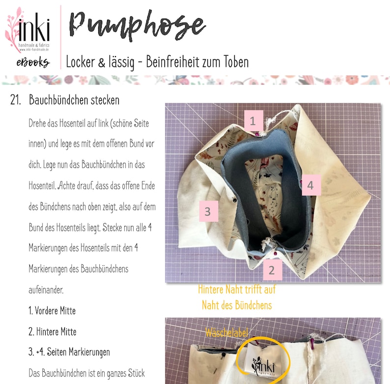 May include: A sewing tutorial page titled Pumphose featuring instructions for attaching a waistband. The image shows fabric pieces pinned together with numbered markers 1 through 4, and a close-up of a white fabric label with the inki logo.