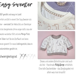May include: A white Easy Sweater sewing pattern with a brown trim. The pattern features a penguin print and the text "Easy Sweater" and "EASY gen&auml;ht und easy im Look!" The text "Dieses und andere Schnittmuster sind auch als Inki - Handmade N&auml;hbox erh&auml;ltlich. Eine tolle Geschenkidee - das Sorglospaket mit allem was man braucht!" is also visible.