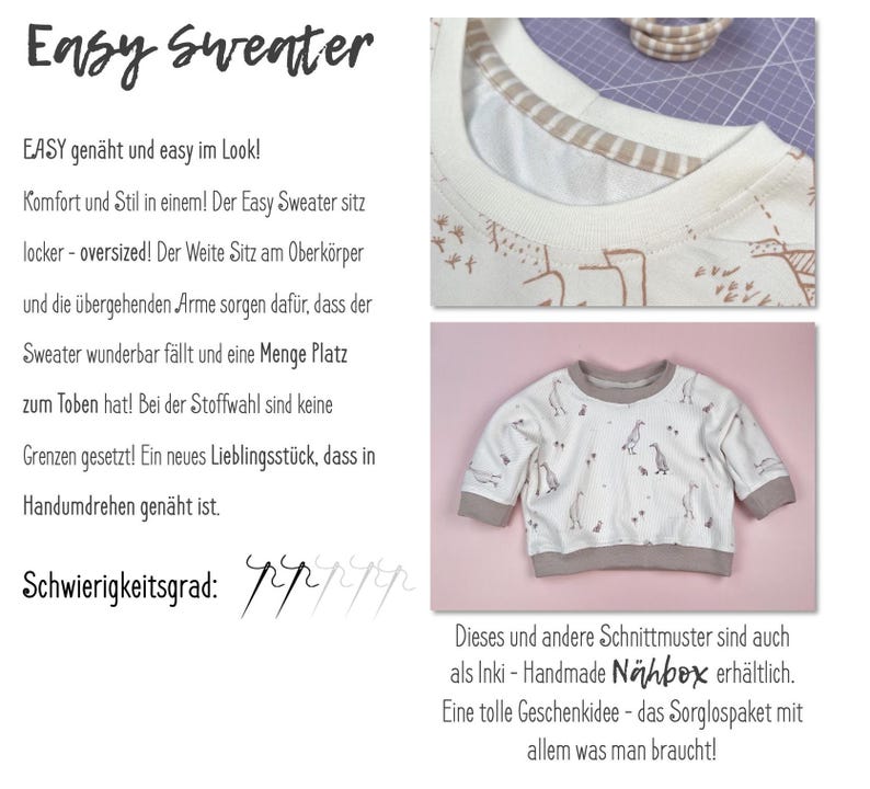 May include: A white Easy Sweater sewing pattern with a brown trim. The pattern features a penguin print and the text "Easy Sweater" and "EASY gen&auml;ht und easy im Look!" The text "Dieses und andere Schnittmuster sind auch als Inki - Handmade N&auml;hbox erh&auml;ltlich. Eine tolle Geschenkidee - das Sorglospaket mit allem was man braucht!" is also visible.