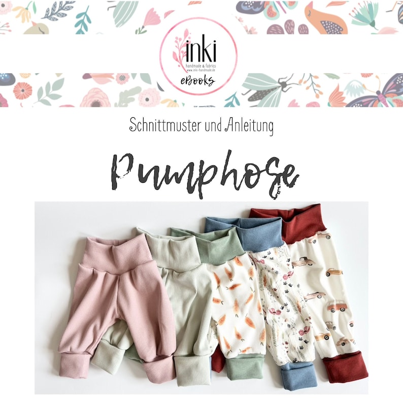 May include: A collection of five pairs of baby pants with wide ribbed waistbands and cuffs. The pants feature various colors including dusty pink, sage green, and white with patterns of carrots, floral elements, and small cars. Text reads inki eBooks.