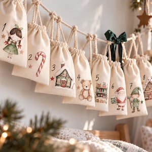 May include: A Christmas advent calendar featuring a series of small, off-white drawstring canvas bags hanging from a thick rope. Each bag is numbered from one to eight and decorated with festive illustrations including an elf, candy cane, house, teddy bear, shelves of gifts, Santa Claus, and gingerbread house.