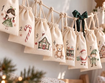 May include: A Christmas advent calendar featuring a series of small, off-white drawstring canvas bags hanging from a thick rope. Each bag is numbered from one to eight and decorated with festive illustrations including an elf, candy cane, house, teddy bear, shelves of gifts, Santa Claus, and gingerbread house.