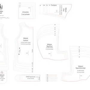 May include: A sewing pattern for a jacket with a hood. The pattern includes pieces for the front, back, sleeves, hood, and pockets. The pattern is printed on white paper with black lines.