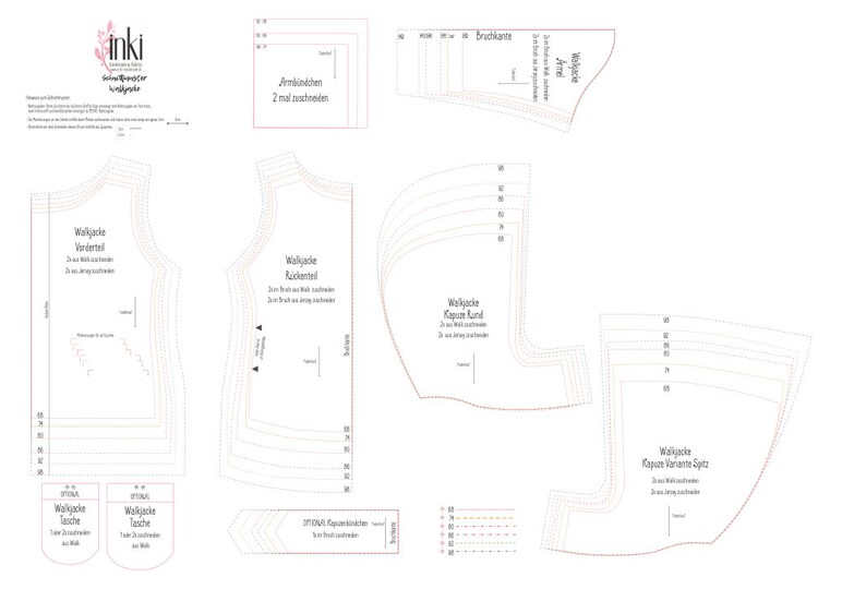 May include: A sewing pattern for a jacket with a hood. The pattern includes pieces for the front, back, sleeves, hood, and pockets. The pattern is printed on white paper with black lines.