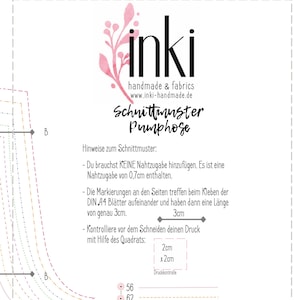 May include: A sewing pattern for pants labeled inki handmade & fabrics with the text Schnittmuster Pumphose. It includes instructions for a 0.7cm seam allowance, a 3cm alignment mark for A4 paper, and a 2cm by 2cm square for print verification.
