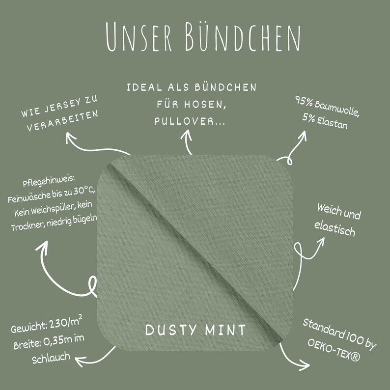 May include: A square swatch of dusty mint fabric with a diagonal fold. Text on the image includes: UNSER B&Uuml;NDCHEN, DUSTY MINT, 95% Baumwolle, 5% Elastan, 230/m&sup2;, 0,35m im Schlauch, and various German care instructions and product descriptions.