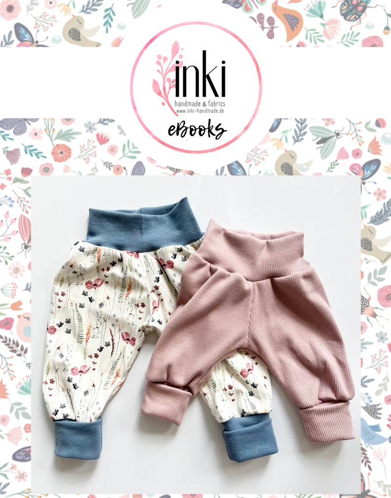May include: Two pairs of pants with elastic waistbands and cuffs. One pair features a cream background with a multi-colored floral and botanical print, paired with blue cuffs. The other pair is solid dusty pink with a ribbed texture and blue cuffs.