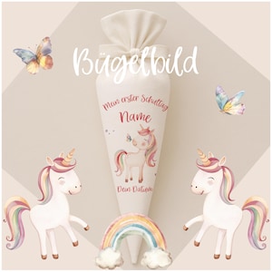 Transfert thermocollant pour cornets scolaires papillon bisou licorne - date et nom - style bohème - personnalisé pour cornets scolaires et cornets frères et sœurs