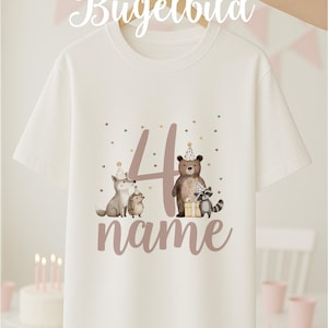 Transferência termocolante para aniversários - Camiseta - Escolha sua cor, data e nome - Estilo animais da floresta - Personalizada para camisetas, suéteres e moletons com capuz