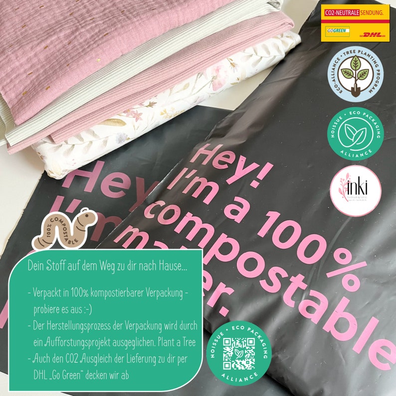 Puede incluir: Bolsa de correo negra con texto rosa que dice "Hey! I'm a 100% compostable." La bolsa est&aacute; decorada con logotipos ecol&oacute;gicos verdes y el texto "CO2-NEUTRALE SENDUNG."