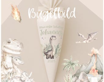 Transferencia termoadhesiva para conos escolares - Diseño de dinosaurio - Fecha y nombre - Estilo boho - Personalizado para conos escolares y conos de hermanos