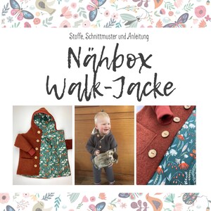 Könnte beinhalten: Eine rote und grüne Kinderjacke mit Kapuze. Die Jacke hat ein Blumenmuster innen und wird vorne mit Knöpfen geschlossen. Der Text "Nähbox Walk-Jacke" ist oben im Bild zu sehen.
