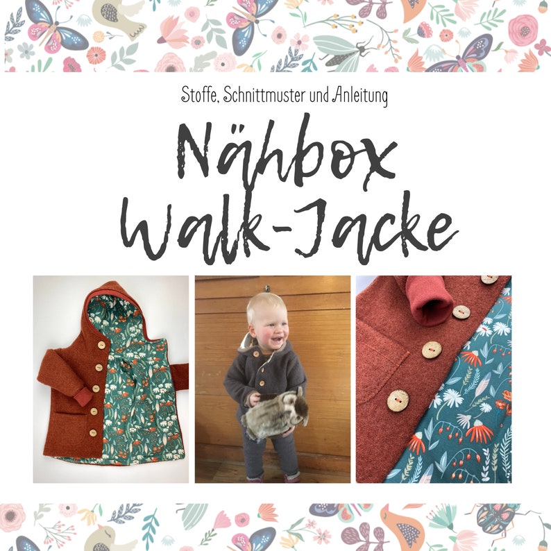 May include: A red and green children's jacket with a hood. The jacket has a floral pattern on the inside and buttons down the front. The text "N&auml;hbox Walk-Jacke" is visible at the top of the image.