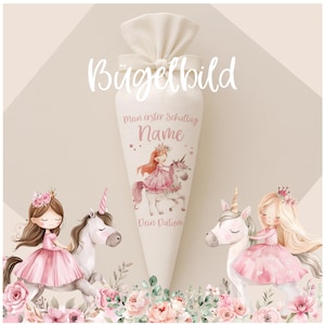 Transfert thermocollant pour cornets scolaires Princesse avec Licorne - Date et Nom - Style Boho - Personnalisé pour cornets scolaires et cornets frères et sœurs
