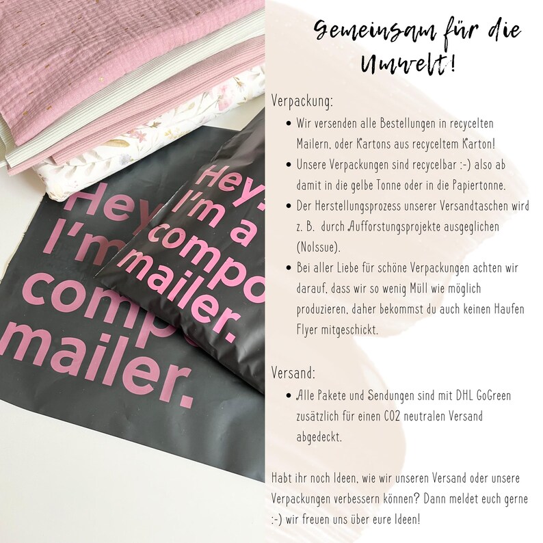 May include: A stack of folded pink and white fabric textiles placed next to two black shipping mailers with pink text that reads, Hey, I'm a compostable mailer. To the right, a white informational card features German text regarding sustainable packaging and shipping practices.
