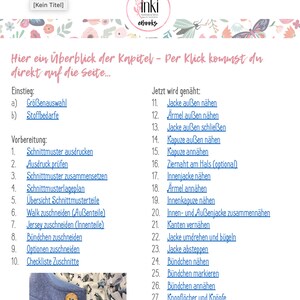 May include: A list of steps for sewing a jacket, including choosing fabric, cutting out the pattern pieces, and sewing the different parts together. The list is in German.