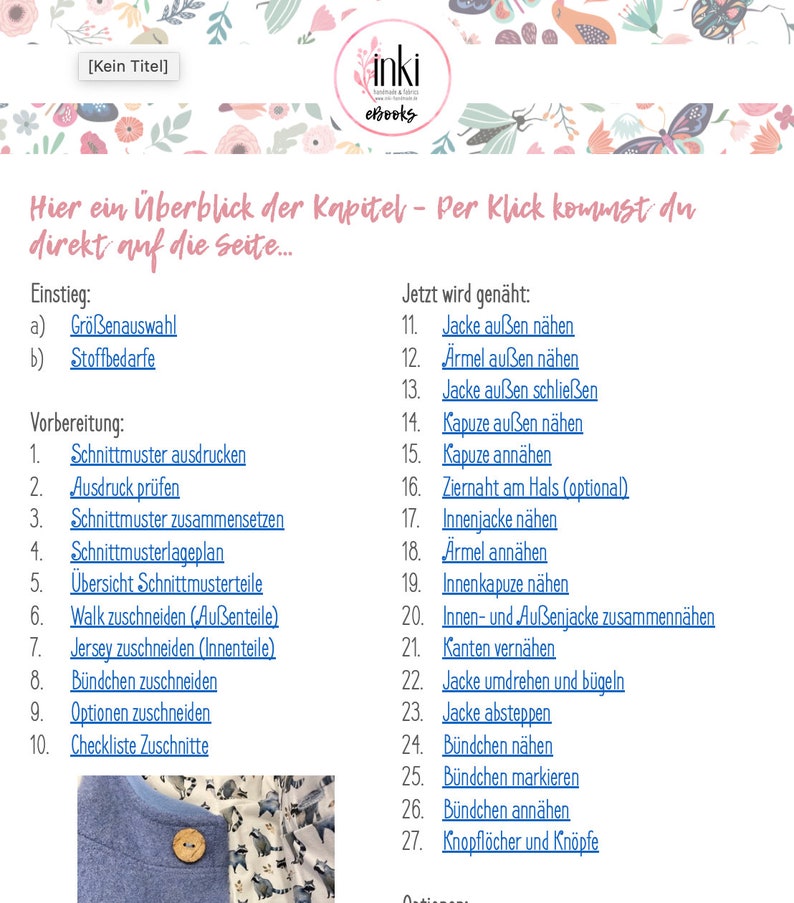 May include: A list of steps for sewing a jacket, including choosing fabric, cutting out the pattern pieces, and sewing the different parts together. The list is in German.