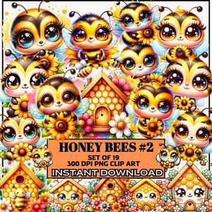 Honey Bee Clipart Set, Printable Nursery Art, Bee with Sunflower PNG Sublimation, Baby Shower, Digital Download, Kawaii Bees, Bumblebees png