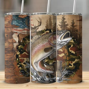 American Flag Trout Deer Camo 20oz Tumbler Wrap (PNG File)