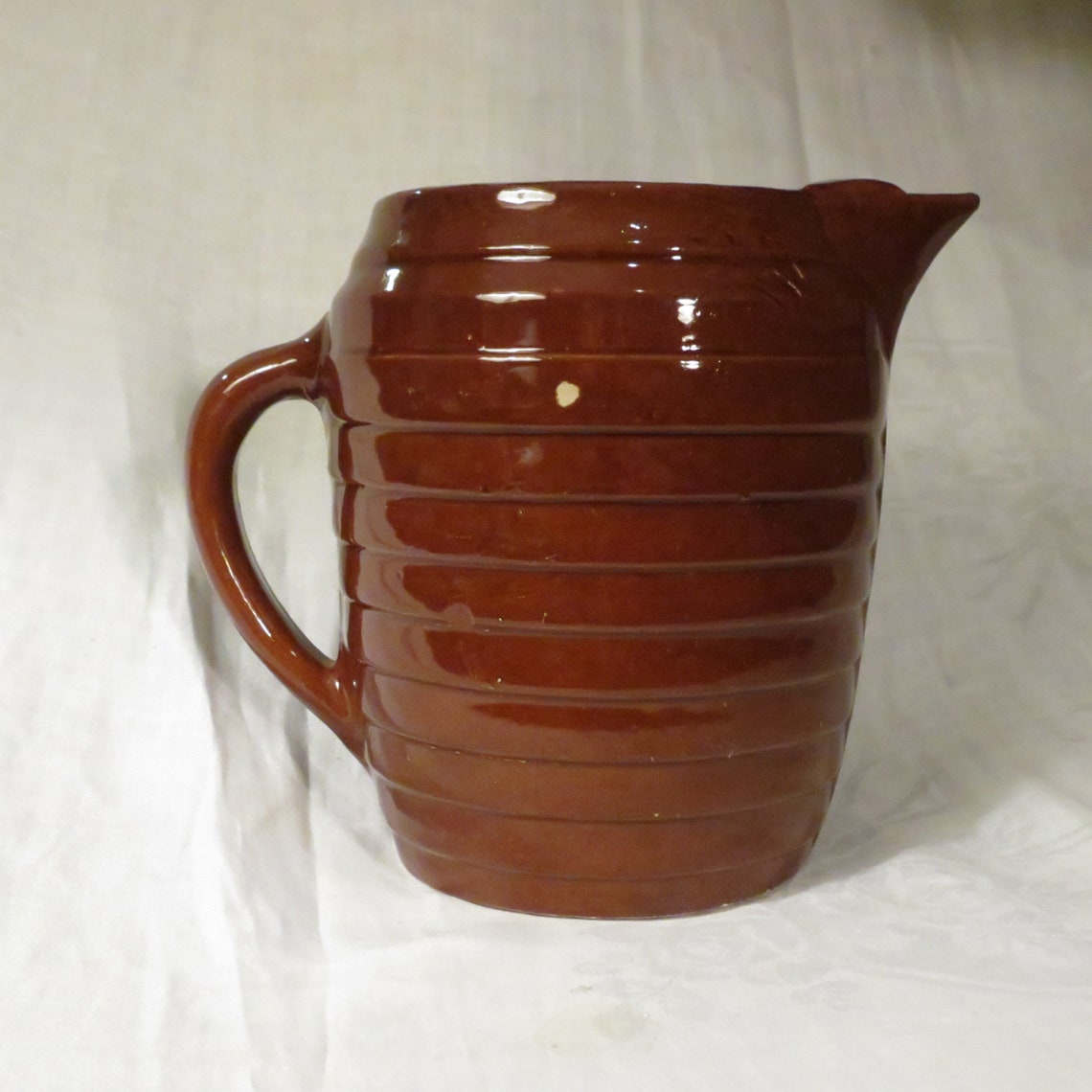Vintage Brown Pottery or Stoneware Pitcher Barrel Style Made Etsy