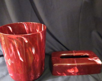 Berry Red Plastic Waste basket and matching tissue box with marbleized design