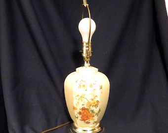 Vintage Beige Glass Table Lamp with Floral Design